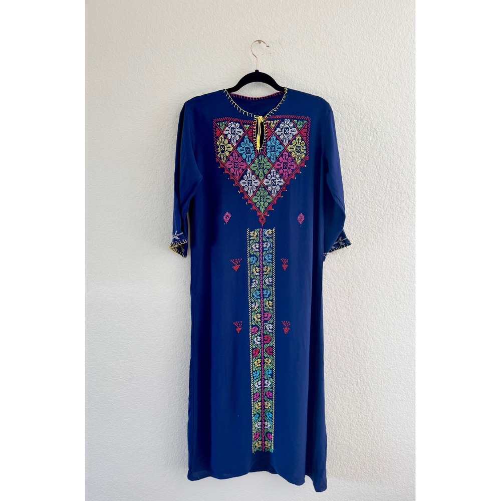 Vintage Kaftan Dress Womens M Navy Blue Embroidered Boho Abaya Long Sleeve